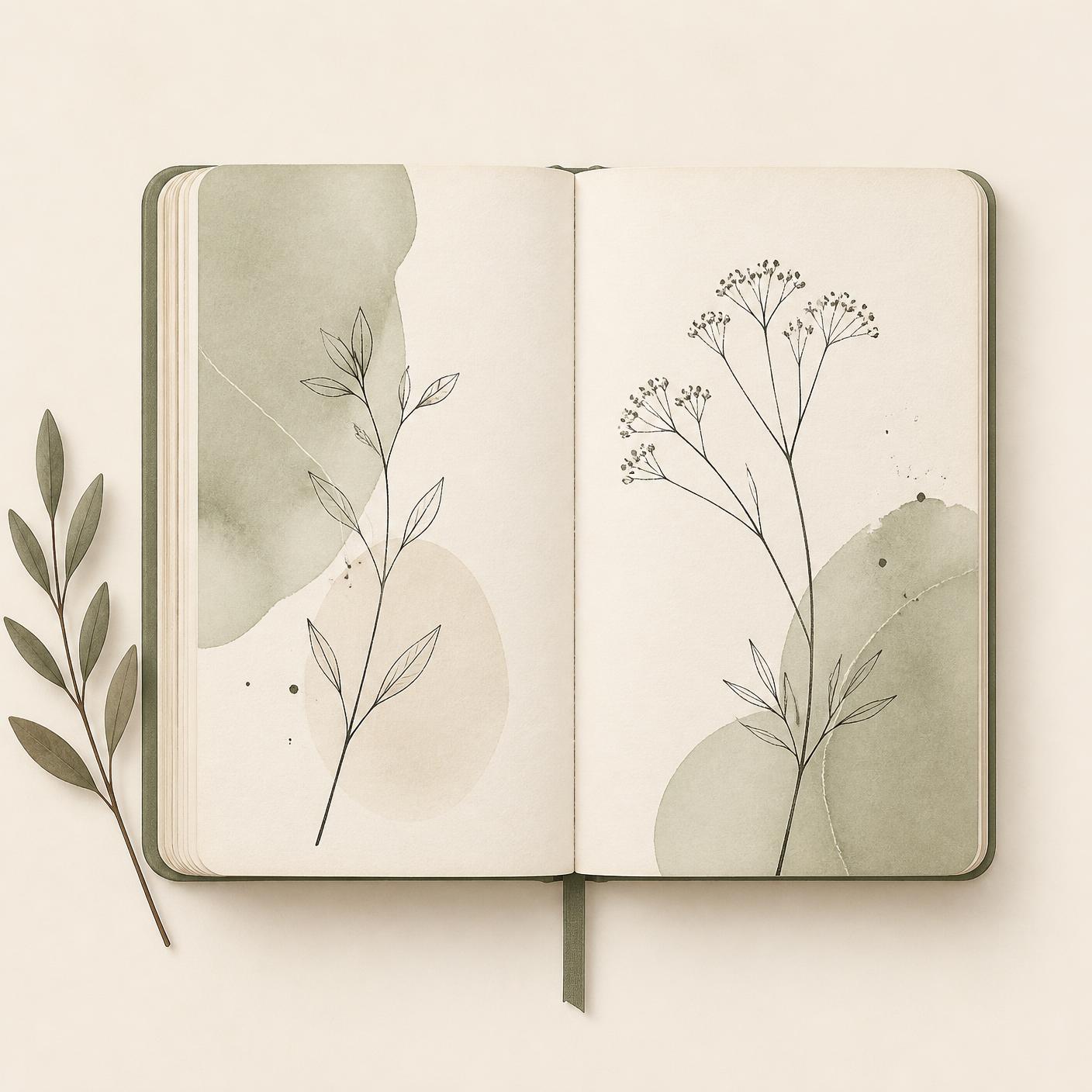 Open notebook with delicate botanical illustrations